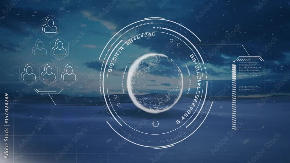 Poster interface animating fading data scrolling icons clustering panel pulsing ring rotating for big-data