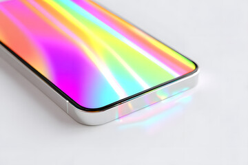 Futuristic 3D smartphone render with a glossy, iridescent surface on a clean white backdrop. Perfect for tech promos, digital marketing, and UI design mockups. Modern and minimal aesthetic.