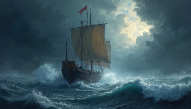 Ancient sailboat navigates stormy seas under dark sky. Blue boat with red, white striped flag battles turbulent waters. Dark waves crash against mast. Dramatic scene with dynamic movement, intense