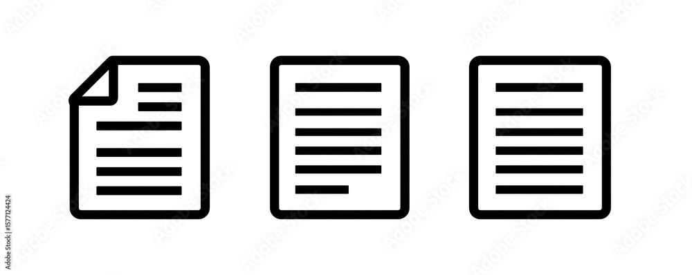 Poster three simple black line art icons representing documents or papers isolated on white background