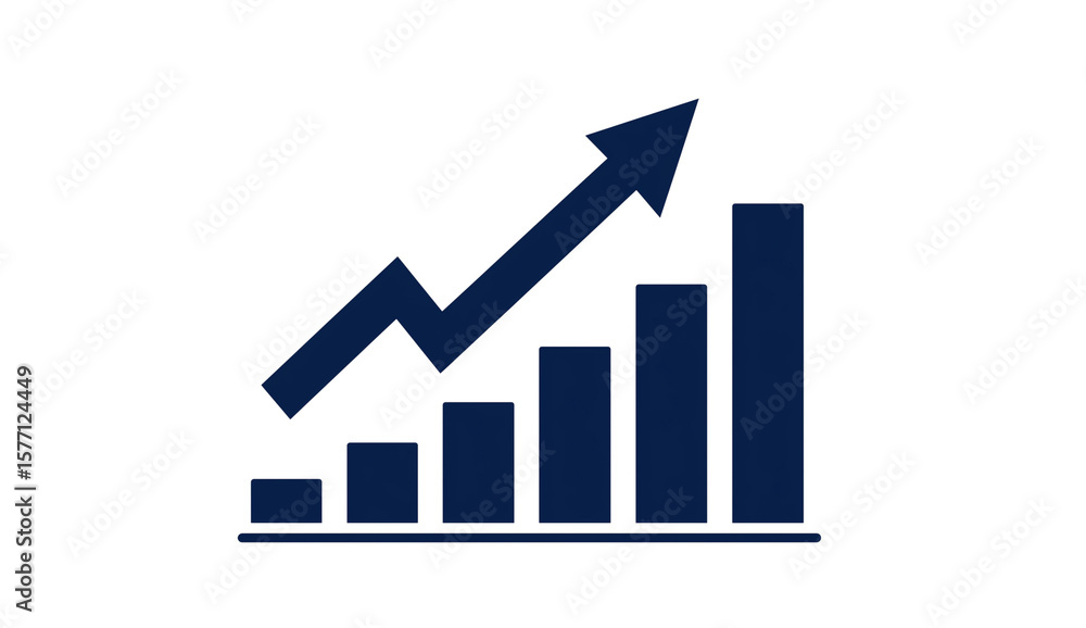 Poster simple flat color vector art of an upward graph on a bar chart, with a navy blue arrow pointing up, 