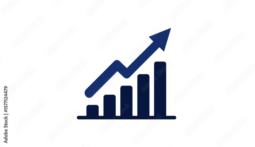 Poster simple flat color vector art of an upward graph on a bar chart, with a navy blue arrow pointing up, 