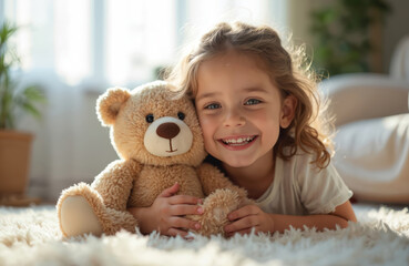 Young girl with golden curls smiling warmly, eyes sparkling with joy. Holding beige teddy bear, set against cozy white room backdrop. Simple white t-shirt, beige carpet, soft light, gentle shadows.
