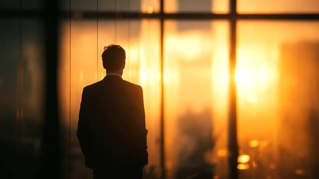 A businessman standing by a large office window at sunset, looking out over the city skyline, warm golden light reflecting off the glass
office man, sunset view, cityscape, golden hour, thoughtful moo