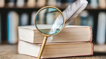 Magnifying Glass Over Quill and Stack of Books on Wooden Table