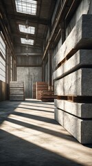 Storage area with large concrete blocks and wooden pallets in an industrial building during the day