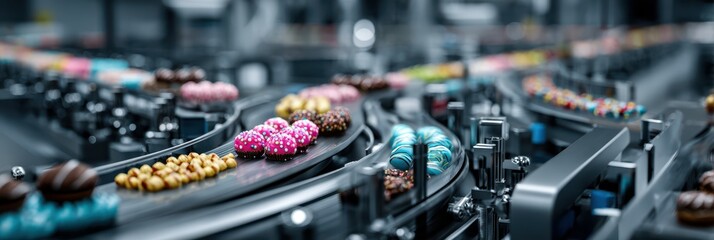 Colorful confections move along a conveyor belt in a busy candy factory during production hours