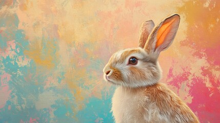 A cute brown rabbit sits against a colorful, textured background.