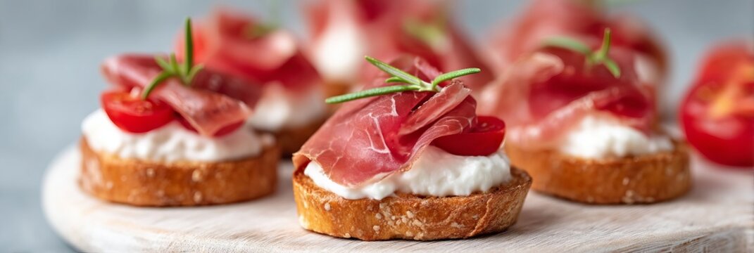 Crisp bruschetta crowned with whisper-thin prosciutto and vibrant cherry tomatoes, perfect for la dolce vita and Aperitivo Hour - Powered by Adobe