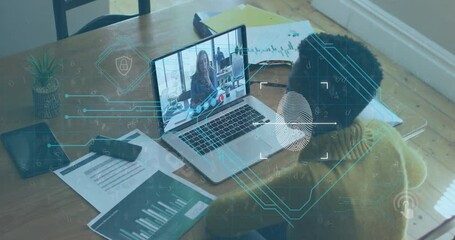 Woman opening laptop and starting call triggers biometric animations securing tech collaboration - Powered by Adobe