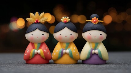 Three whimsical Kokeshi dolls in vibrant kimonos, echoing Tanabata's starry wishes and Hinamatsuri's cultural elegance
