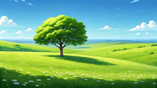 Vibrant green rolling hills under a clear blue sky with fluffy white clouds and a solitary tree casting a shadow