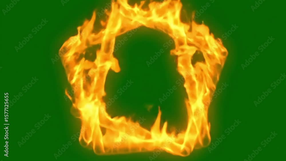 Poster fiery pentagonal portal: animated flames on green screen background for visual effects