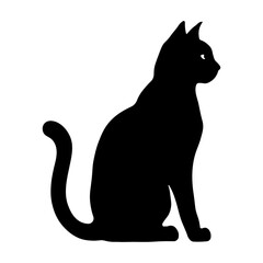 black and white silhouette of a sitting cat in side view, clean shape without background, ideal for pet-related designs or decorations.