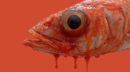 A surreal crimson fish stares wide-eyed, echoing Lunar New Year culinary traditions and Pescatarian Delight Day symbolism