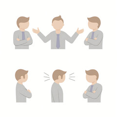 Six simple illustrations depict a businessman exhibiting various postures and attitudes, conveying different emotions and communication styles.