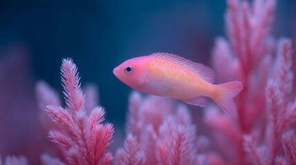 Obraz premium Floating in a coral dreamscape, this pink fish dances through enchanted marine gardens, perfect for Underwater Day celebrations and ocean biodiversity exhibits