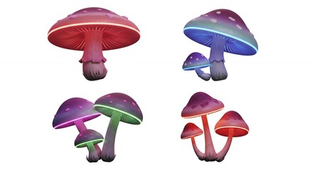 Colorful glowing mushroom illustration set