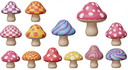 Colorful mushroom decorations isolated on white background