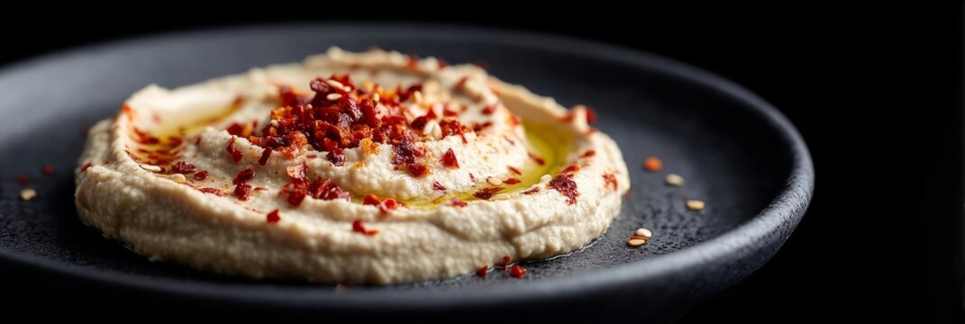 Silken hummus with crimson chili flakes crowns a shadowy plate, echoing Mediterranean harvest and spicy Zafrani festival vibes