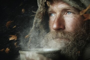 Bearded man shrouded in a tattered cloak sips mystical brew, embodying Yule solitude and contemplative rustic charm