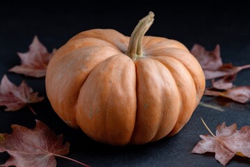 Rustic pumpkin basking amid fallen amber leaves, evoking Samhain rituals and the whimsical whispers of harvest tranquility Halloween decoration