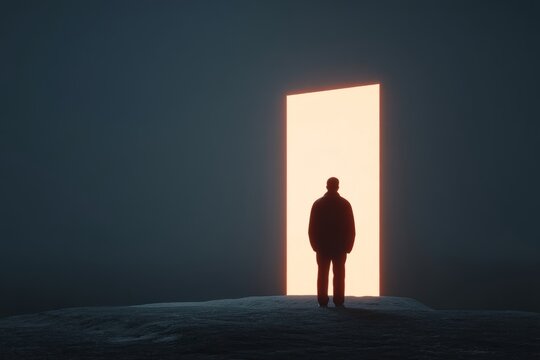 Mysterious silhouette, African descent male, standing before luminous portal, embracing change on Diwali night or Samhain eve