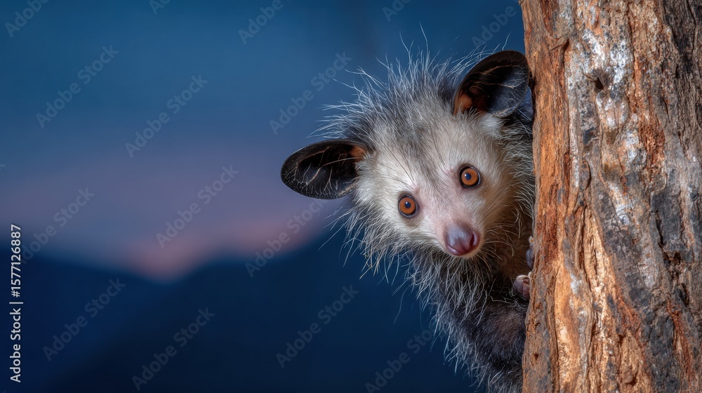 Poster aye-aye climbing a tree at dusk with soft focus background showcasing its curious expression and sur