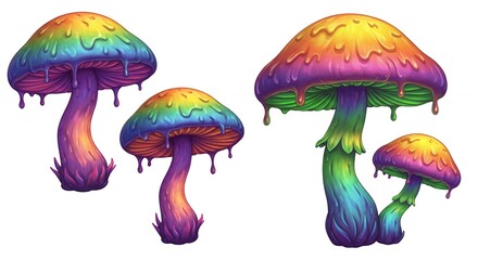 Colorful rainbow drip mushrooms illustration