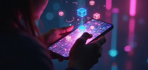 Man hand holds smartphone displaying virtual world of blue cubes and yellow lines. Scene of futuristic metaverse concept on mobile device. Dark background highlights phone and vibrant digital image.