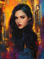 Fototapeta premium A strong woman with piercing eyes, standing tall against a vibrant cityscape 