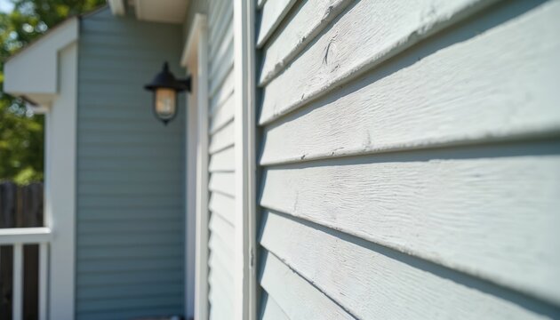 Residential house renovation progress with exterior fresh paint, wood siding upgrade. Light gray two-story structure with white railing on first floor, black railing on second floor. Porch design,