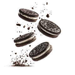 flying Oreo cookies with crumbs isolated on transparent white background, clipping path