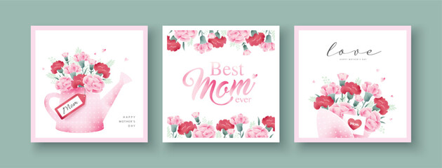 Set of Mother's day greeting cards with watercolor carnation flowers.

