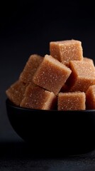 Rustic brown sugar cubes in black bowl, evoking sweet harvest, Diwali treats, indulgence in hygge ambiance