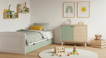 Minimalist kids bedroom with pastel green furniture and wooden toys