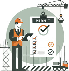 Construction worker with permit check list at building site with crane and machinery