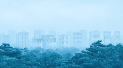 Obraz premium A serene skyline emerges through misty pines, evoking Zen contemplation and Ghost Festival's ethereal whispers in urban solitude