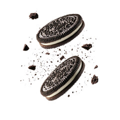 flying Oreo cookies with crumbs isolated on transparent white background, clipping path