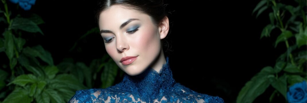 Elegant woman in sapphire lace amidst moonlit roses, celebrating mysterious Shichi-Go-San, Japanese harvest glow in blue serenity