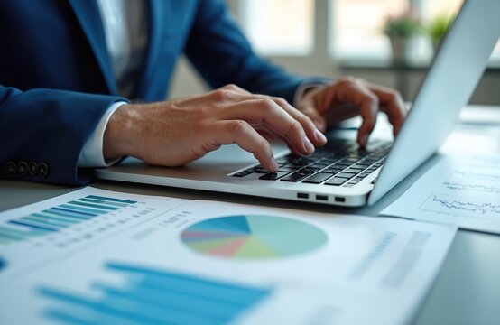 Businessman uses laptop on desk to analyze financial graphs, statistics, and corporate data. Professional workspace with computer screen, pen, and plant. - Powered by Adobe
