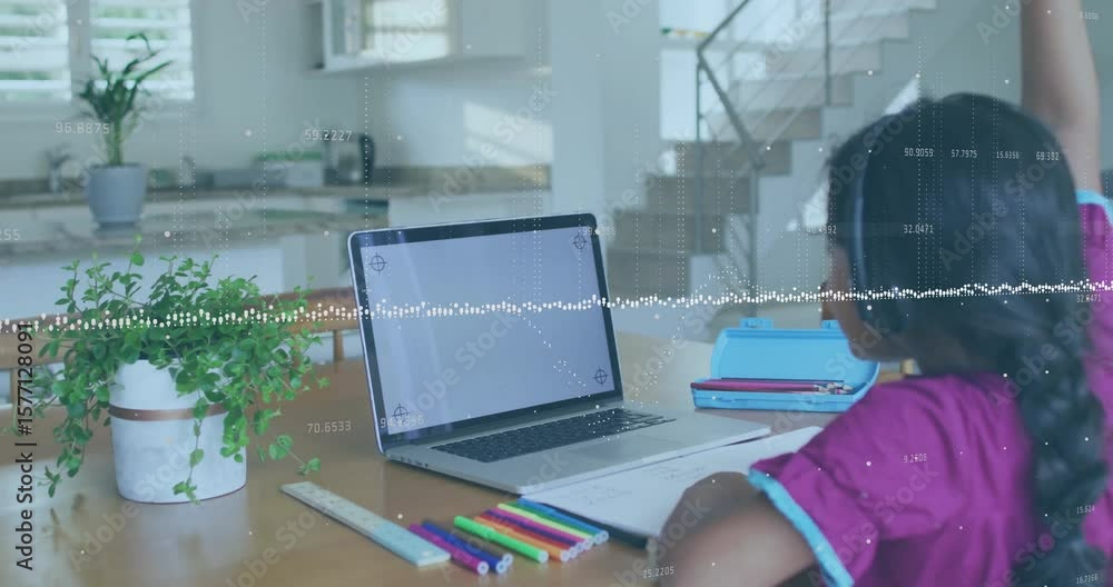 Poster opening notebook student watching waveform animating on laptop and raising hand for remote class