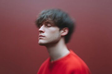 Obraz premium A pensive Caucasian male absorbed in thought, amidst blurred crimson hues, evokes serene zen, perfect for World Meditation Day