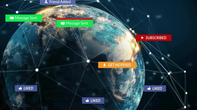 Rotating 3D Earth initiating network extension and popping notifications showing global engagement