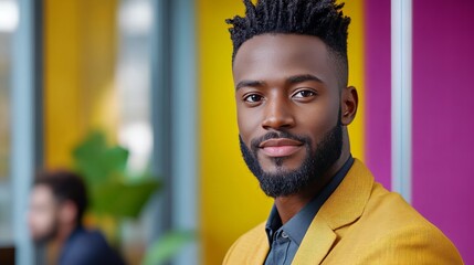 ```An Afro-Caribbean gentleman in a mustard blazer exudes vibrant charisma, embodying Kwanzaa unity and World Beard Day celebration```