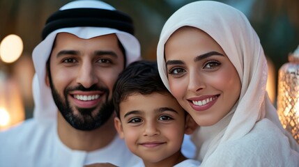Arab family radiates joy during a peaceful Eid evening, lanterns glowing warmly amidst heartfelt celebrations and timeless unity