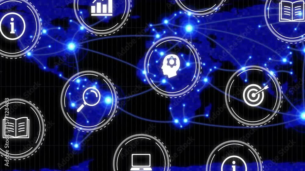Poster after icons fading in, global network connecting nodes across continents and pulsing knowledge flow