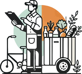 Grocery delivery courier with bicycle checking order near delivery cart filled with groceries