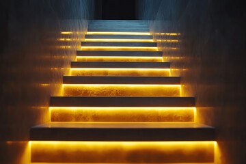 Illuminated staircase with glowing yellow lights creating a modern and stylish ambiance in an architectural setting.