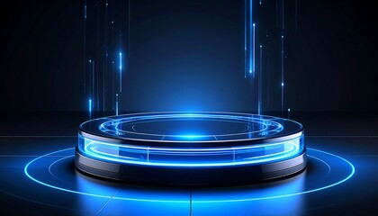 Futuristic circular podium with glowing blue lines